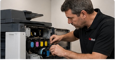 Copier service technician working on business printing equipment